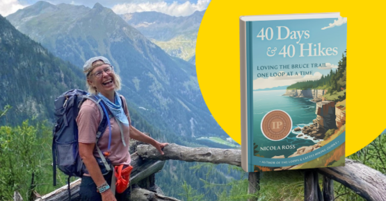Image of a woman smiling in the middle of mountain tops. She wears a pink t-shirt and a blue backpack. On the left of the image is a graphic design with a yellow circle and a cut out of the book: 40 Days & 40 Hikes by Nicola Ross.