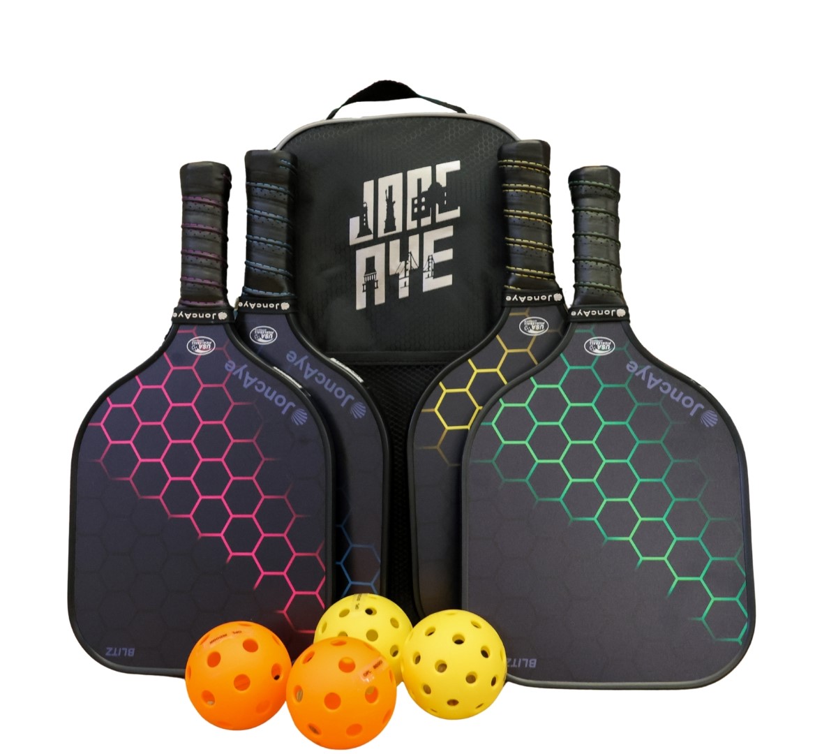 Small_PickleBallKit_Edited_Photo.jpg Pickle Ball Kit - one backpack, four black paddles and four yellow and orange balls.