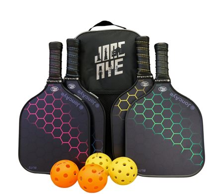 Pickle Ball Kit - one backpack, four black paddles and four yellow and orange balls.