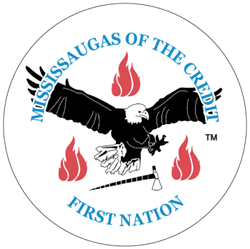 MCFN logo which includes Mississaugas of the Credit and First Nation in written words with the illustration of an eagle, three fires and a peace pipe