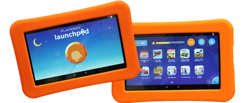 Image of two black tablets with an orange-coloured cover. The tablet on the right shows a blue graphic design with an orange earth and text that reads "PLAYAWAY launchpad." The tablet on the right shows a dark-blue sky with various apps and games.